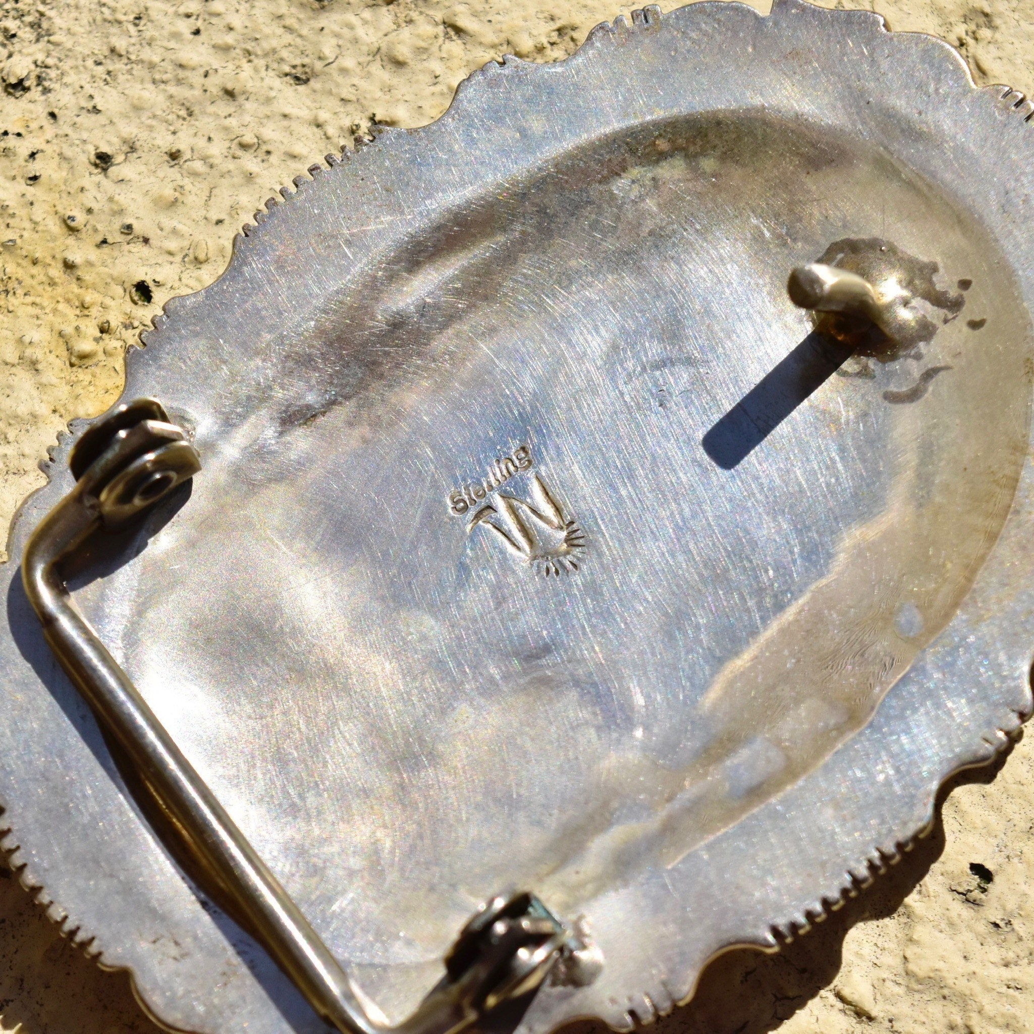 Vintage Hallmarked Native American Sterling Silver Turquoise Belt Buckle, Ornate Silver Concho W/ Natural Turquoise Stone, 'W Sterling',