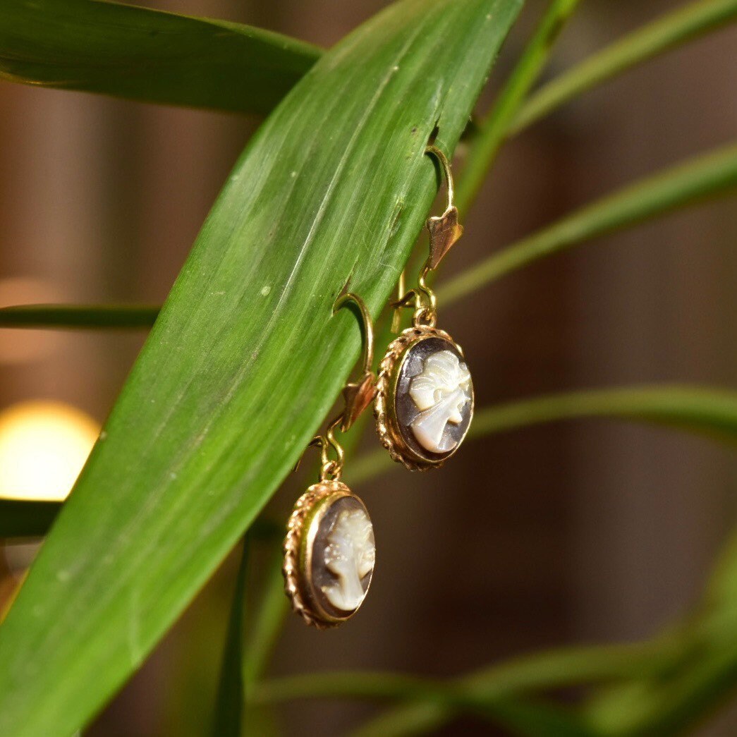 Vintage 14K Gold Mother Of Pearl Cameo Drop Earrings, Hand Carved Shell Cameo Of Lady's Portrait, Woven Gold Setting, Locking Hooks, 26mm