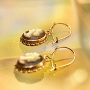 Vintage 14K Gold Mother Of Pearl Cameo Drop Earrings, Hand Carved Shell Cameo Of Lady's Portrait, Woven Gold Setting, Locking Hooks, 26mm