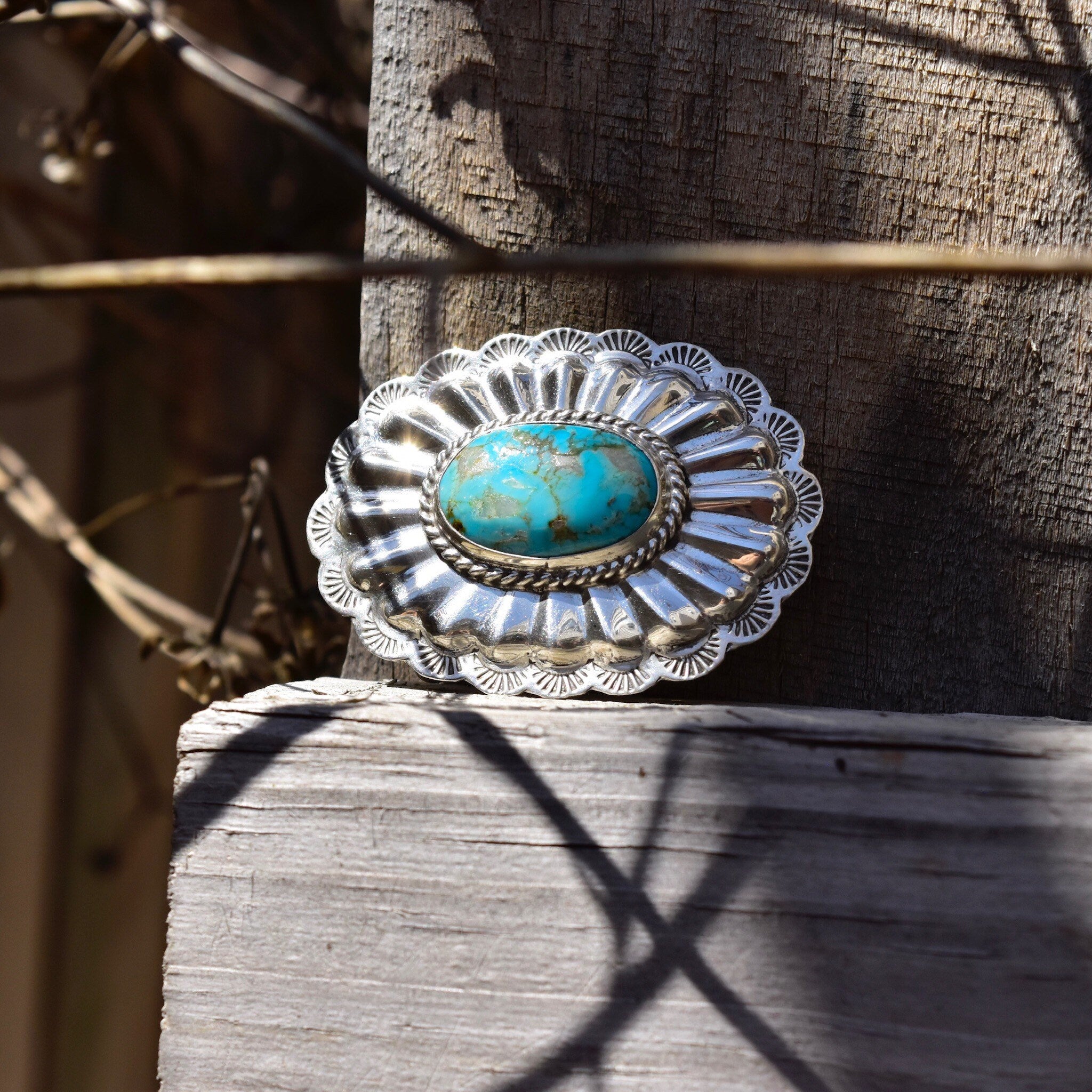 Vintage Native American Sterling Silver Turquoise Belt Buckle, Mini Hammered Concho Buckle, Beautiful Turquoise Stone, 2 1/4"