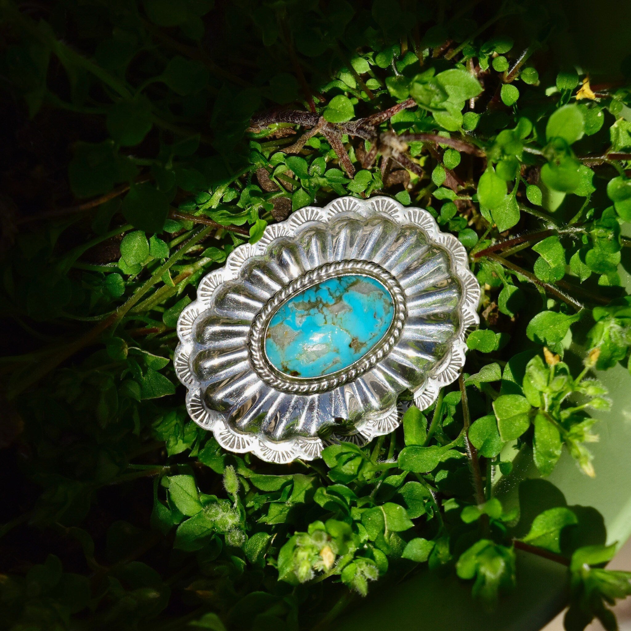 Vintage Native American Sterling Silver Turquoise Belt Buckle, Mini Hammered Concho Buckle, Beautiful Turquoise Stone, 2 1/4"