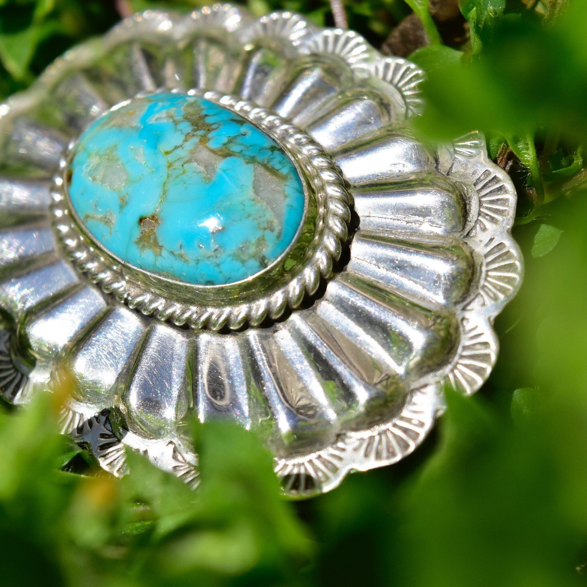 Vintage Native American Sterling Silver Turquoise Belt Buckle, Mini Hammered Concho Buckle, Beautiful Turquoise Stone, 2 1/4"