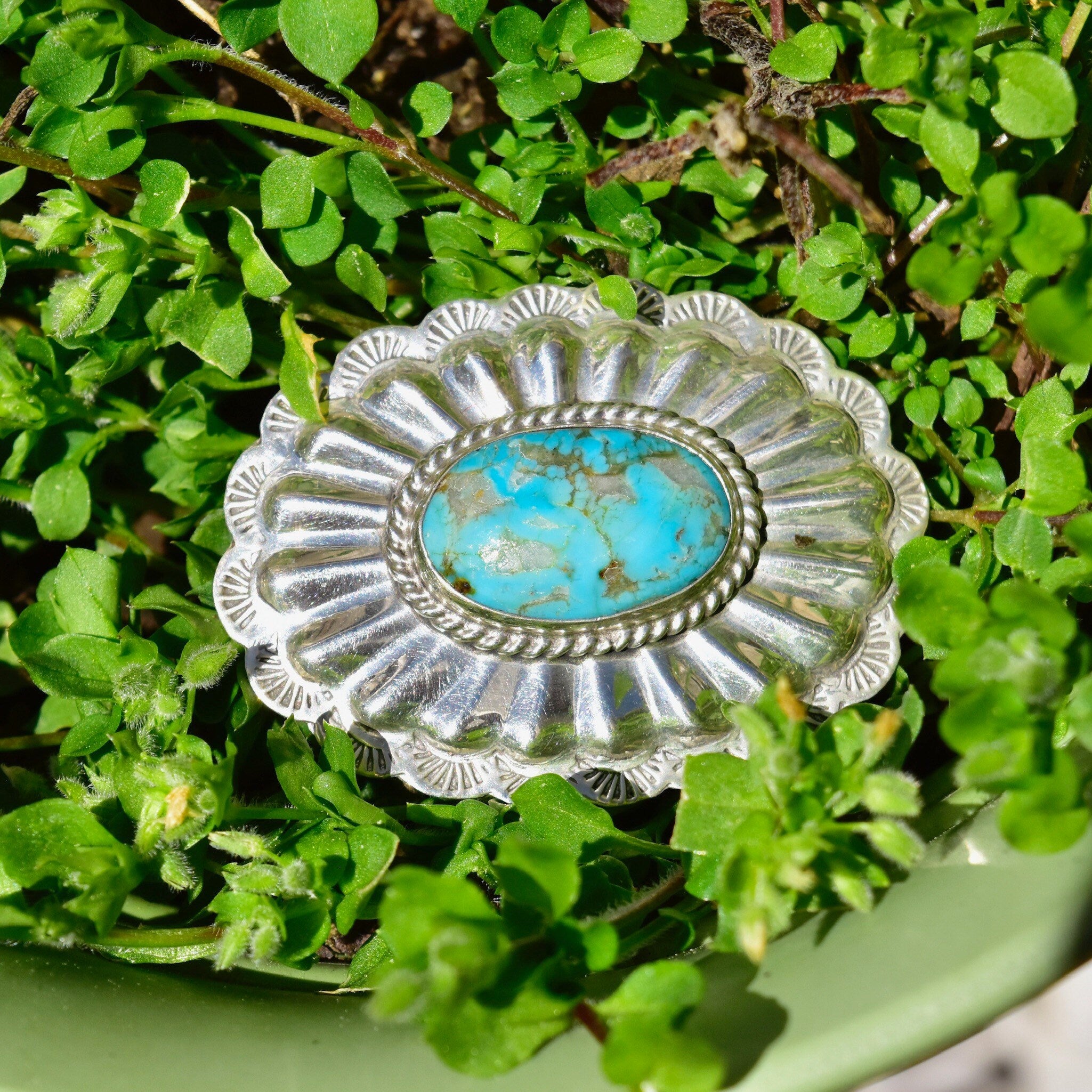 Vintage Native American Sterling Silver Turquoise Belt Buckle, Mini Hammered Concho Buckle, Beautiful Turquoise Stone, 2 1/4"