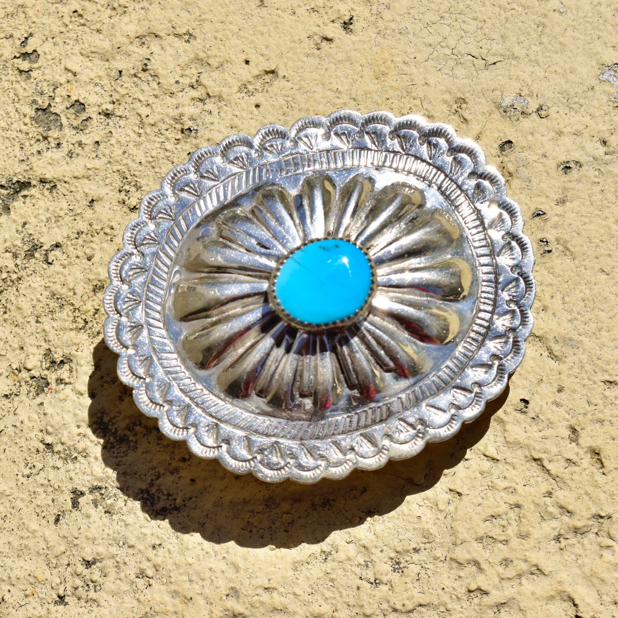 Vintage Native American Turquoise Concho Belt Buckle, Hammered Sterling Silver Buckle, Natural Turquoise Accent, 2 3/4"
