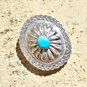 Vintage Native American Turquoise Concho Belt Buckle, Hammered Sterling Silver Buckle, Natural Turquoise Accent, 2 3/4"
