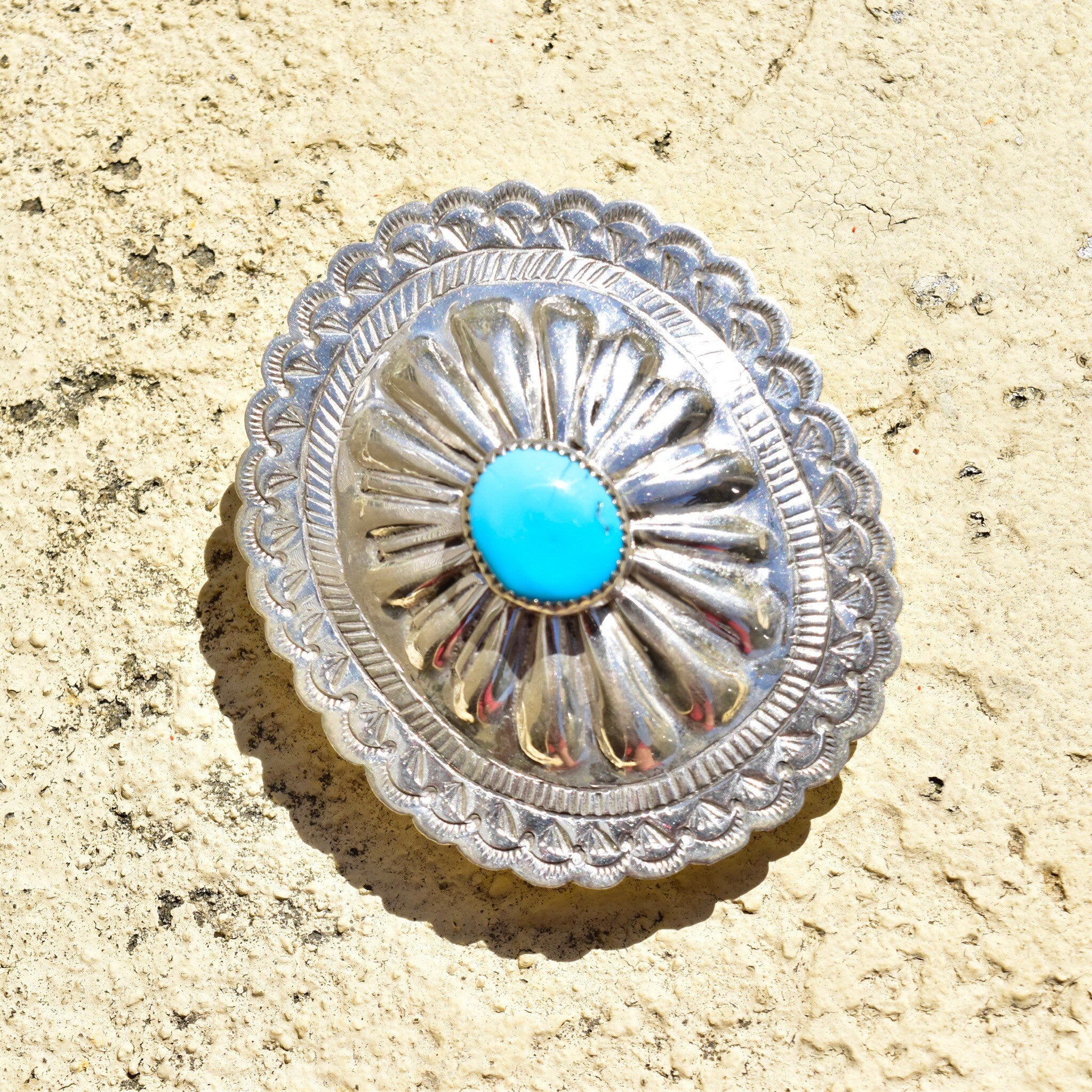 Vintage Native American Turquoise Concho Belt Buckle, Hammered Sterling Silver Buckle, Natural Turquoise Accent, 2 3/4"