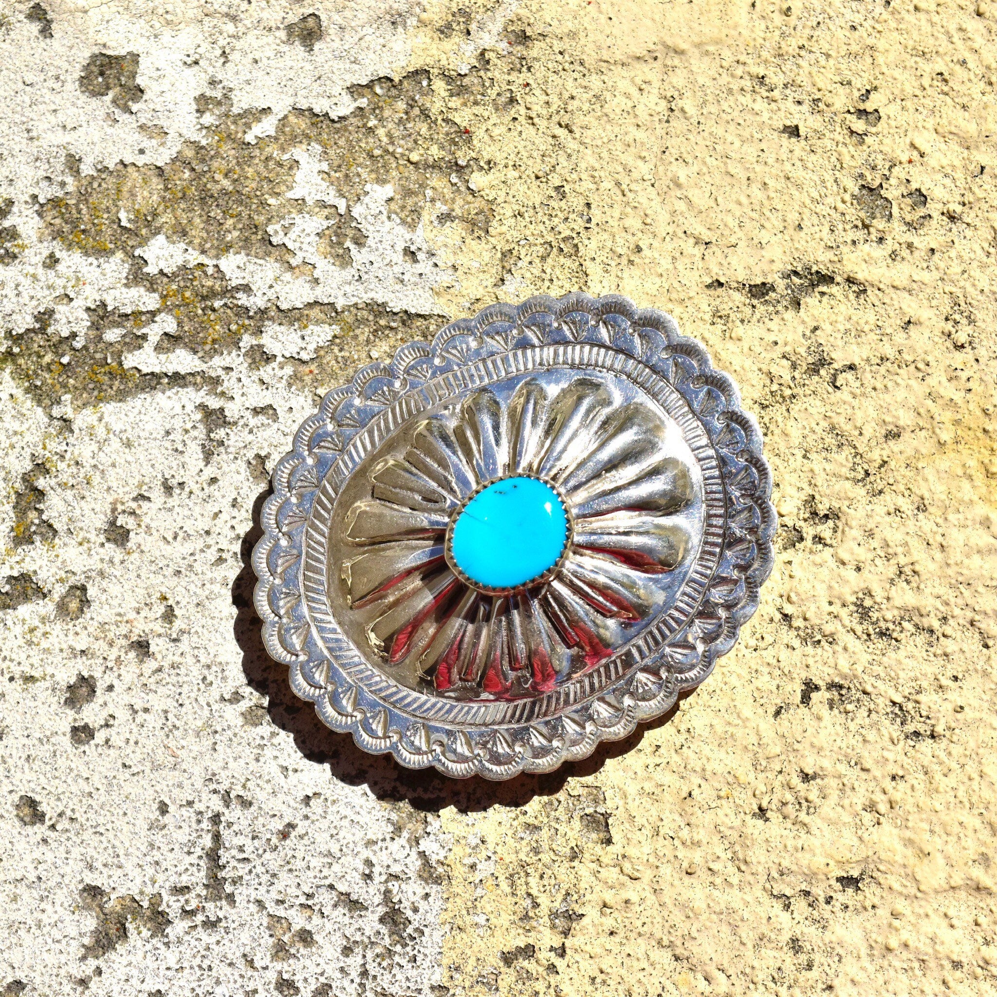 Vintage Native American Turquoise Concho Belt Buckle, Hammered Sterling Silver Buckle, Natural Turquoise Accent, 2 3/4"