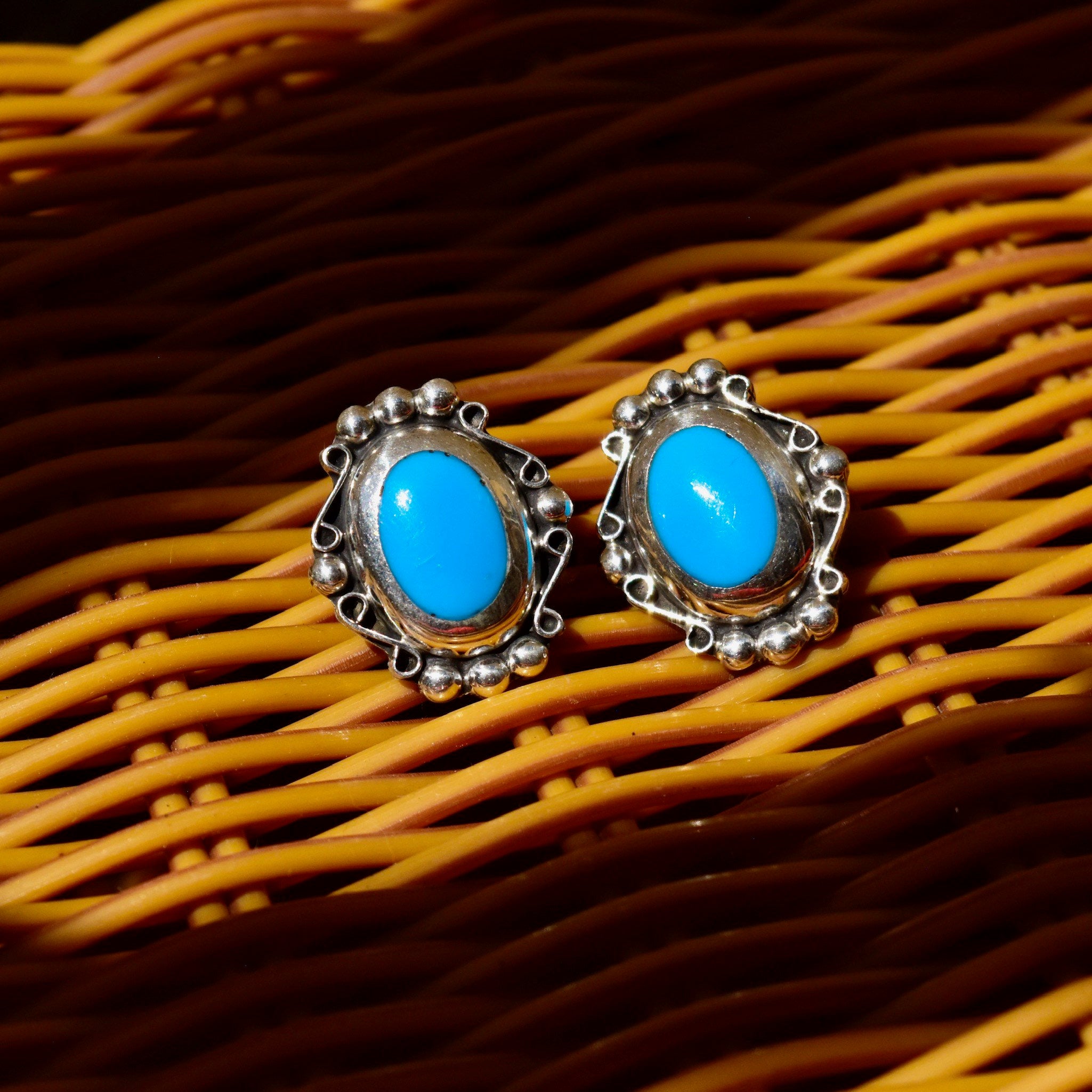 Vintage Mexico 925 Turquoise Stud Earrings, Ornate Navajo Style Settings, Dyed Blue Turquoise Inlay, Chunky Sterling Silver Studs, 24mm