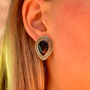 Vintage Bohemian Sterling Silver Black Onyx Stud Earrings, Ornate Silver Settings, Polished Gemstone Cabochon, 925 Statement Earrings, 28mm