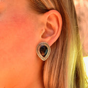 Vintage Bohemian Sterling Silver Black Onyx Stud Earrings, Ornate Silver Settings, Polished Gemstone Cabochon, 925 Statement Earrings, 28mm