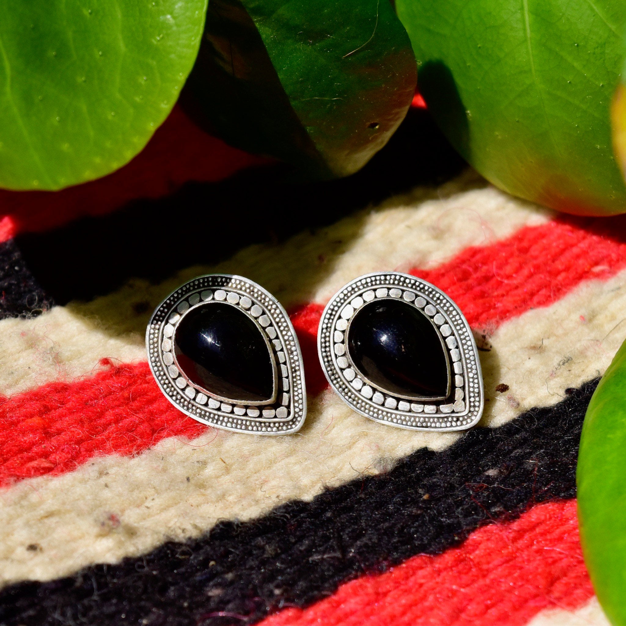 Vintage Bohemian Sterling Silver Black Onyx Stud Earrings, Ornate Silver Settings, Polished Gemstone Cabochon, 925 Statement Earrings, 28mm