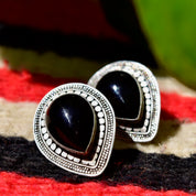 Vintage Bohemian Sterling Silver Black Onyx Stud Earrings, Ornate Silver Settings, Polished Gemstone Cabochon, 925 Statement Earrings, 28mm