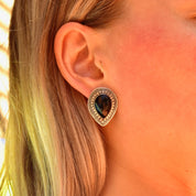 Vintage Bohemian Sterling Silver Black Onyx Stud Earrings, Ornate Silver Settings, Polished Gemstone Cabochon, 925 Statement Earrings, 28mm