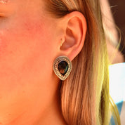 Vintage Bohemian Sterling Silver Black Onyx Stud Earrings, Ornate Silver Settings, Polished Gemstone Cabochon, 925 Statement Earrings, 28mm