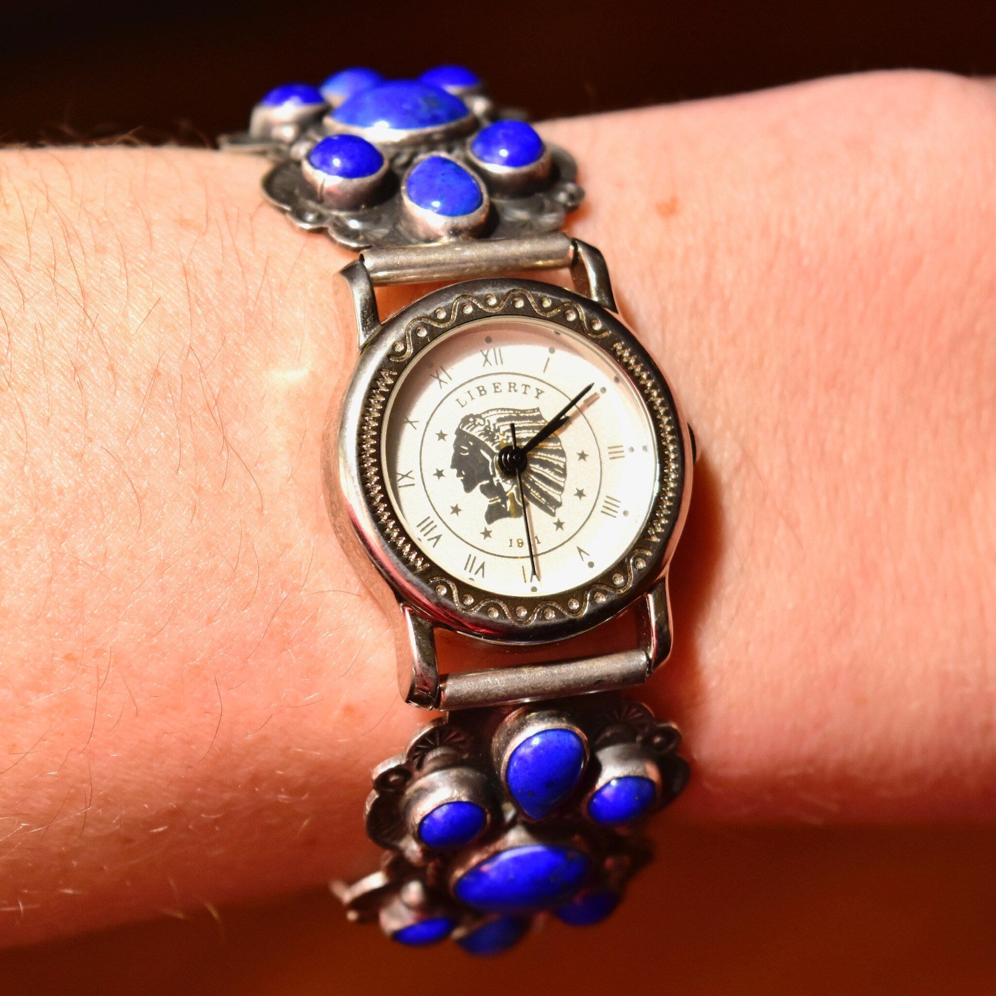 Vintage Liberty 1911 Navajo A. Cadman Sterling Silver Lapis Lazuli Ladies Wrist Watch, Legacy Quartz Automatic Watch, Adjustable Bracelet