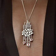 Vintage Brutalist Modernist Sterling Silver Garnet Pendant Necklace, Large Abstract Pendant W/ Red Stone Accents, Avant Garde Jewelry