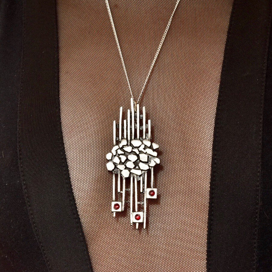 Vintage Brutalist Modernist Sterling Silver Garnet Pendant Necklace, Large Abstract Pendant W/ Red Stone Accents, Avant Garde Jewelry