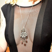 Vintage Brutalist Modernist Sterling Silver Garnet Pendant Necklace, Large Abstract Pendant W/ Red Stone Accents, Avant Garde Jewelry