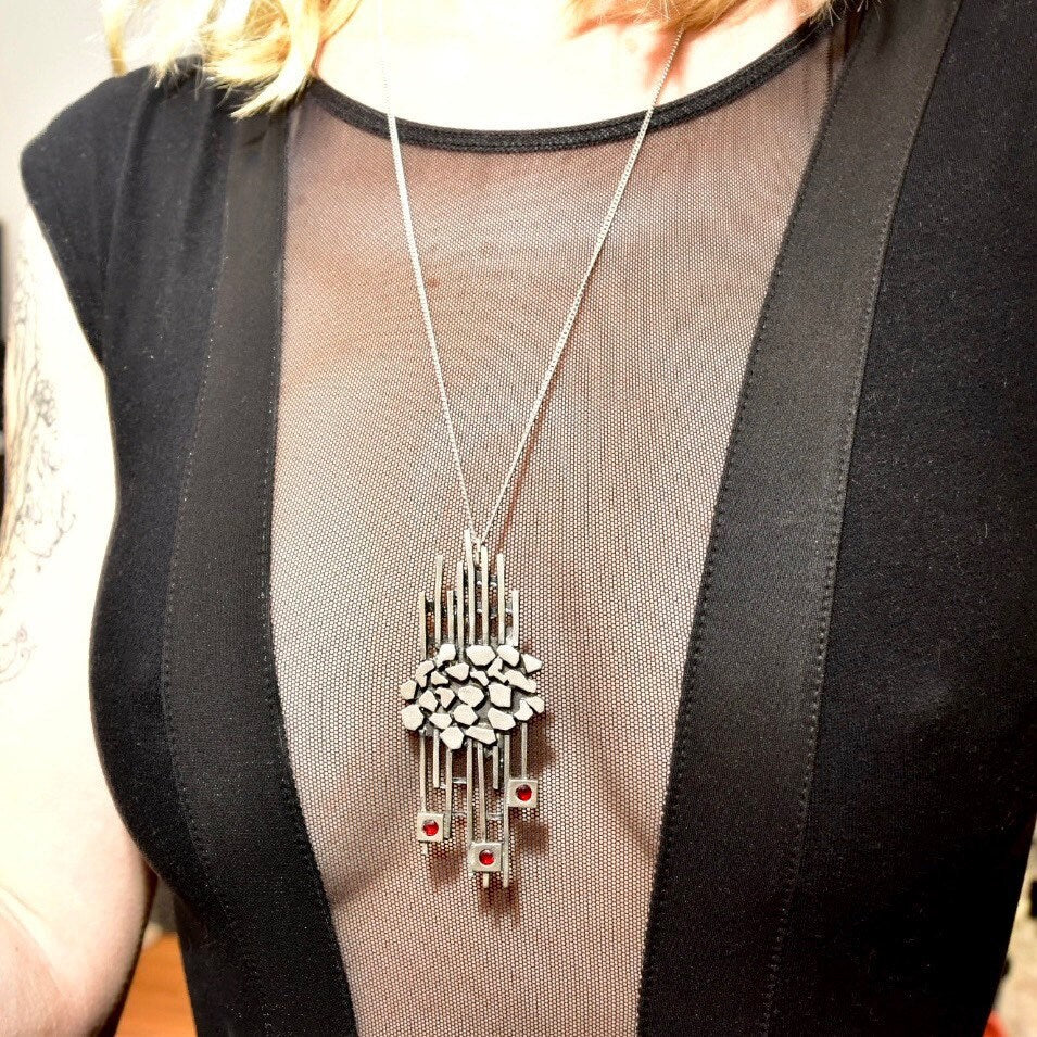 Vintage Brutalist Modernist Sterling Silver Garnet Pendant Necklace, Large Abstract Pendant W/ Red Stone Accents, Avant Garde Jewelry