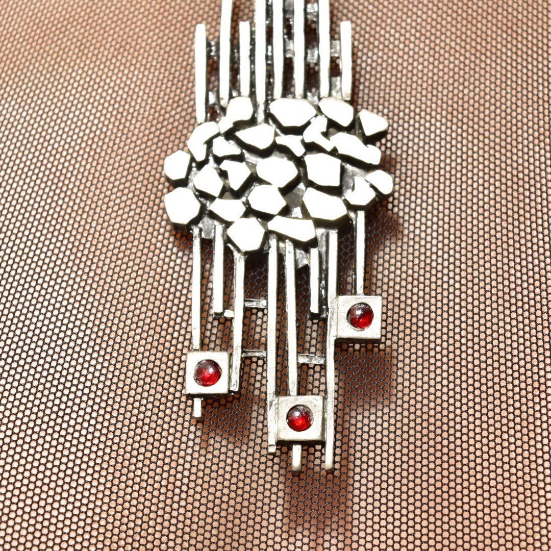 Vintage Brutalist Modernist Sterling Silver Garnet Pendant Necklace, Large Abstract Pendant W/ Red Stone Accents, Avant Garde Jewelry