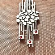 Vintage Brutalist Modernist Sterling Silver Garnet Pendant Necklace, Large Abstract Pendant W/ Red Stone Accents, Avant Garde Jewelry
