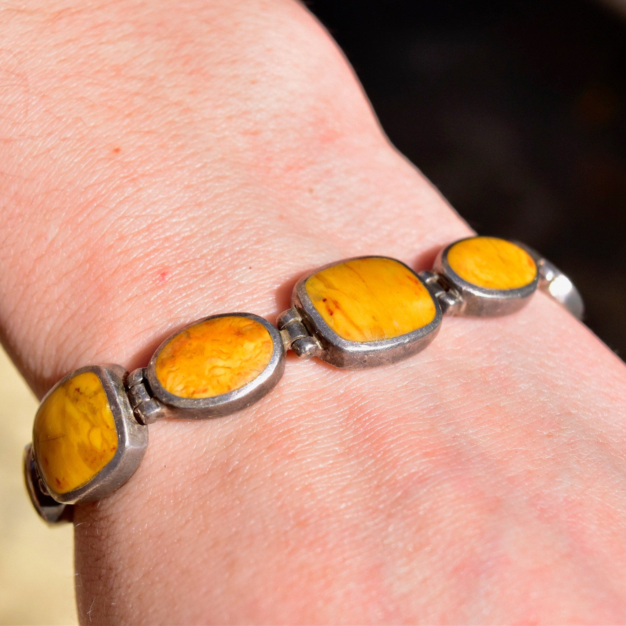 Vintage Sterling Silver Gemstone Link Necklace & Bracelet, Bohemian Modernist Collar Necklace, Geometric Bracelet, 925 Statement Jewelry,