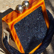 Vintage 1940's Beaded Bakelite Box Purse, Fre Mor Braided Top Handle Bag, Butterscotch Bakelite & Blue Lucite Beads, Large Kissing Clasp