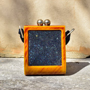 Vintage 1940's Beaded Bakelite Box Purse, Fre Mor Braided Top Handle Bag, Butterscotch Bakelite & Blue Lucite Beads, Large Kissing Clasp