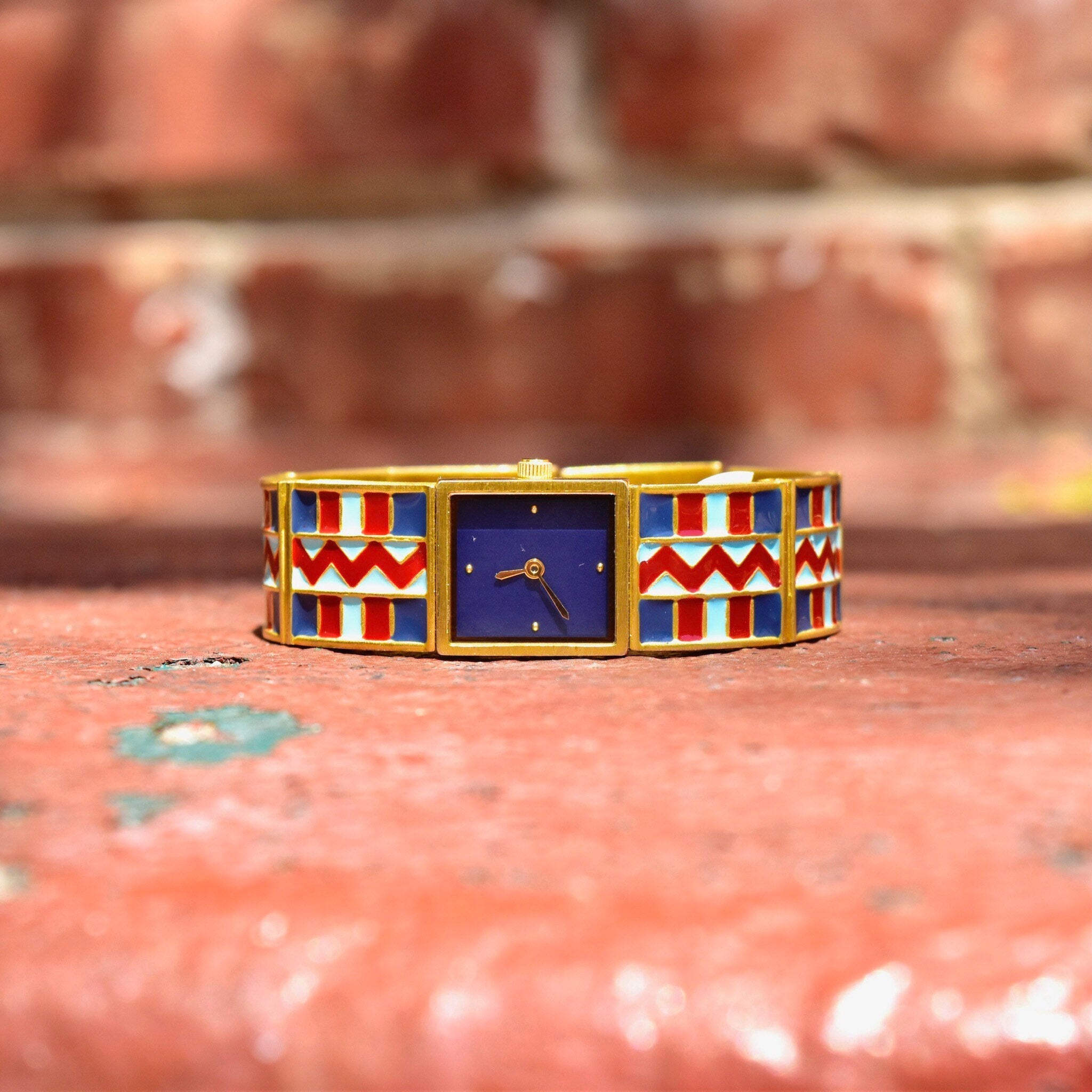 Vintage MMA Abstract Enamel Cuff Wristwatch, Colorful Gold-Tone Link Wristwatch, Blank Blue Dial, Removable Bracelet Link, Working Condition