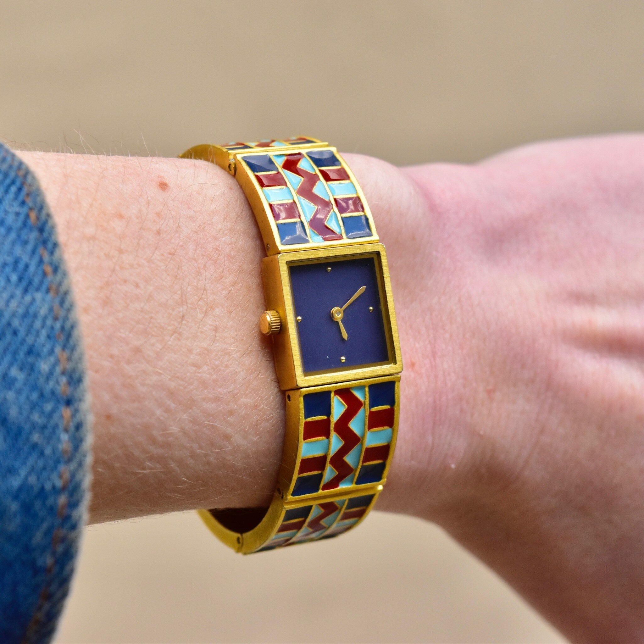 Vintage MMA Abstract Enamel Cuff Wristwatch, Colorful Gold-Tone Link Wristwatch, Blank Blue Dial, Removable Bracelet Link, Working Condition