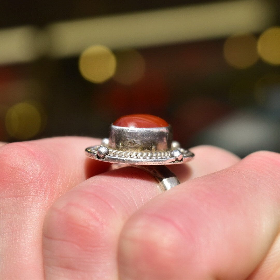 Vintage Bohemian Sterling Silver Carnelian Cabochon Ring, Woven Silver Setting, 925 Statement Ring, Size 6 3/4 US