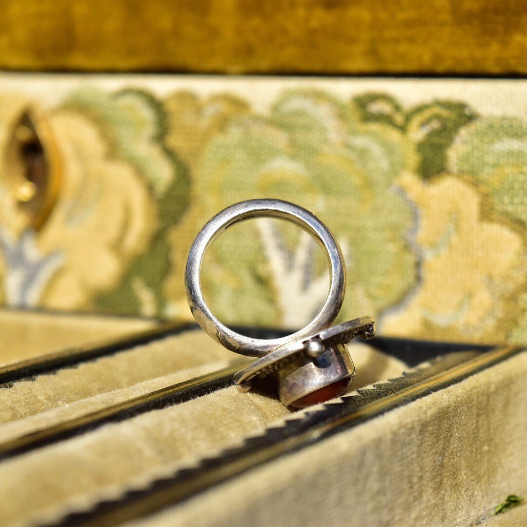 Vintage Bohemian Sterling Silver Carnelian Cabochon Ring, Woven Silver Setting, 925 Statement Ring, Size 6 3/4 US