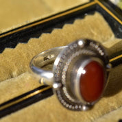 Vintage Bohemian Sterling Silver Carnelian Cabochon Ring, Woven Silver Setting, 925 Statement Ring, Size 6 3/4 US
