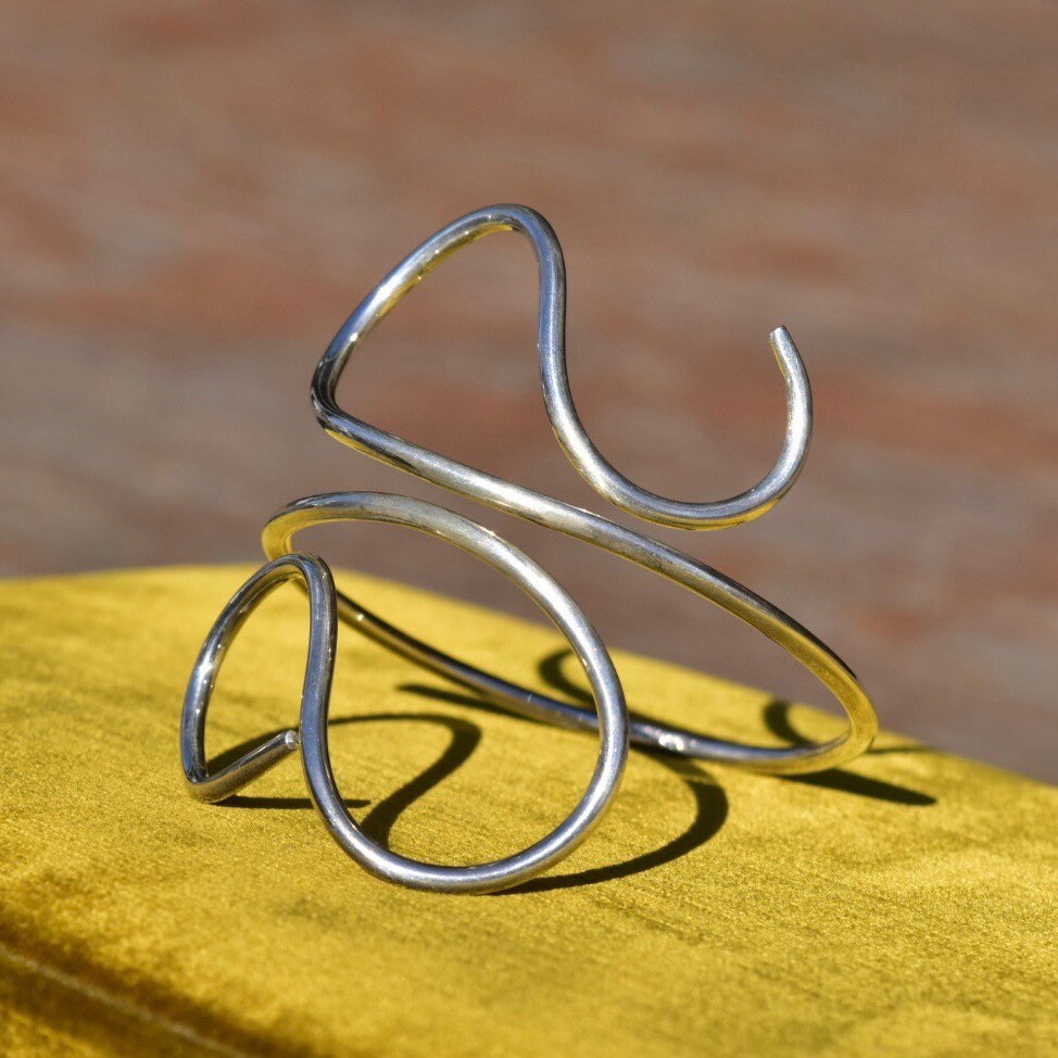 Vintage MMA Sterling Silver Wire Wrap Cuff Bracelet, Minimalist Solid Silver Swirl Cuff, 925 Bohemian Jewelry, Adjustable, 7 1/2"