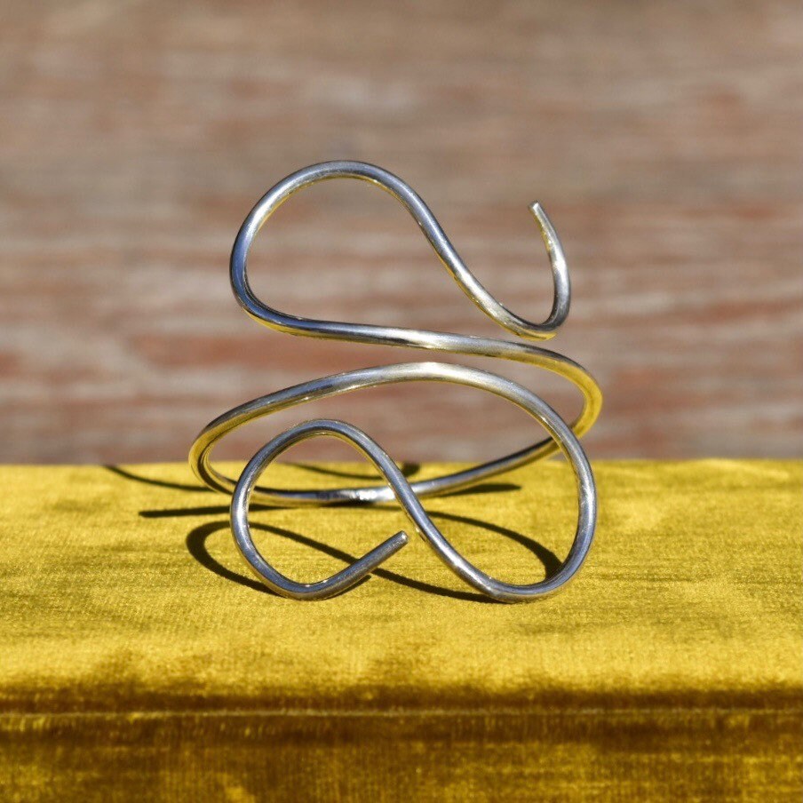 Vintage MMA Sterling Silver Wire Wrap Cuff Bracelet, Minimalist Solid Silver Swirl Cuff, 925 Bohemian Jewelry, Adjustable, 7 1/2"