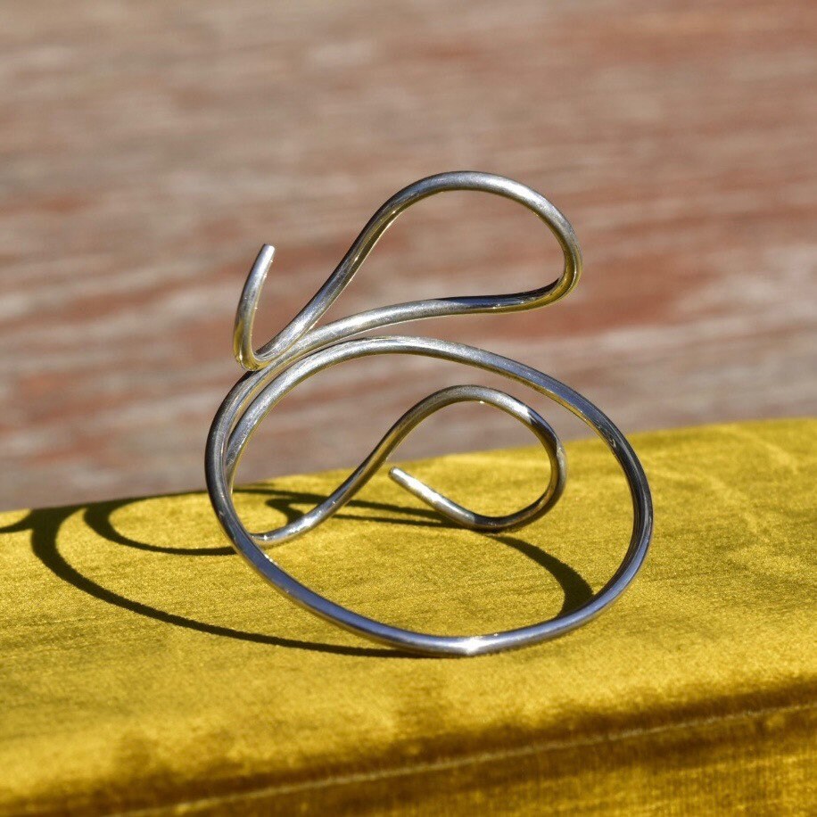 Vintage MMA Sterling Silver Wire Wrap Cuff Bracelet, Minimalist Solid Silver Swirl Cuff, 925 Bohemian Jewelry, Adjustable, 7 1/2"