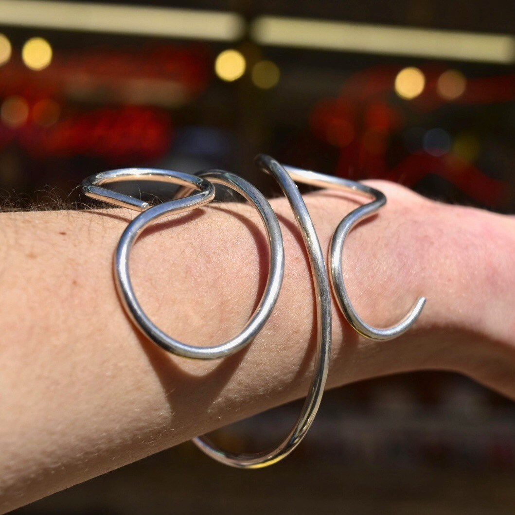 Vintage MMA Sterling Silver Wire Wrap Cuff Bracelet, Minimalist Solid Silver Swirl Cuff, 925 Bohemian Jewelry, Adjustable, 7 1/2"