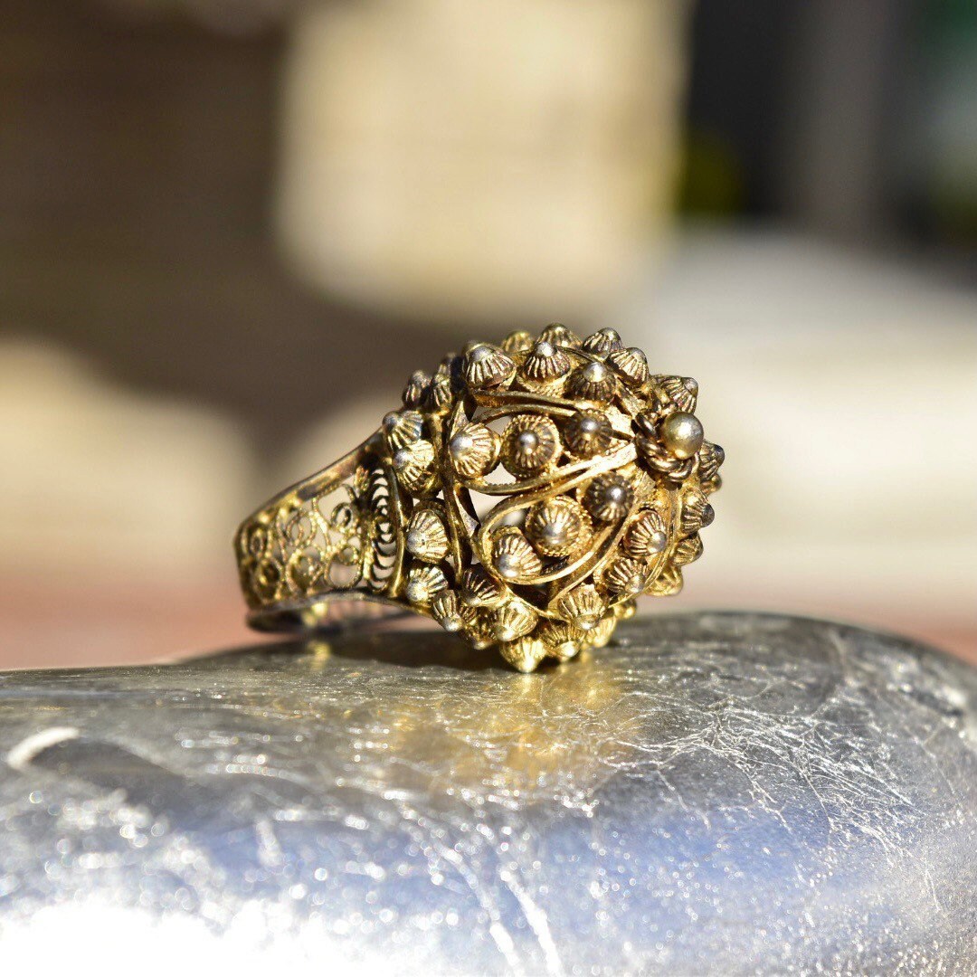 Antique 800 Gilt Silver Cannetille Filigree Dome Ring, Stunning High Set Beaded Floral Ring, Middle Eastern, Size 9 1/4 US