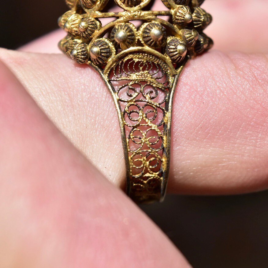 Antique 800 Gilt Silver Cannetille Filigree Dome Ring, Stunning High Set Beaded Floral Ring, Middle Eastern, Size 9 1/4 US
