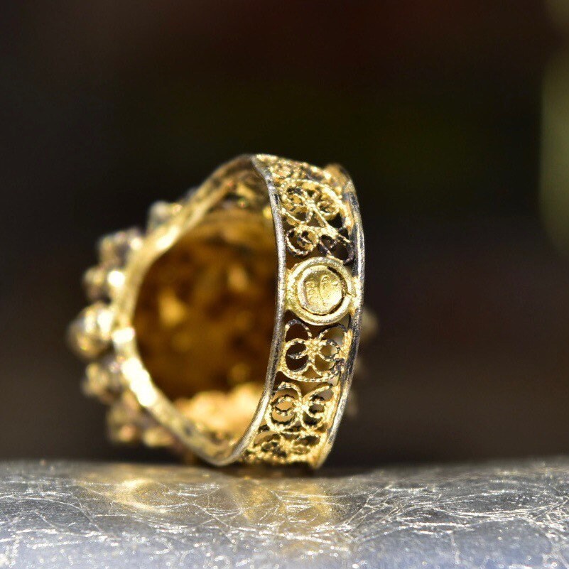Antique 800 Gilt Silver Cannetille Filigree Dome Ring, Stunning High Set Beaded Floral Ring, Middle Eastern, Size 9 1/4 US