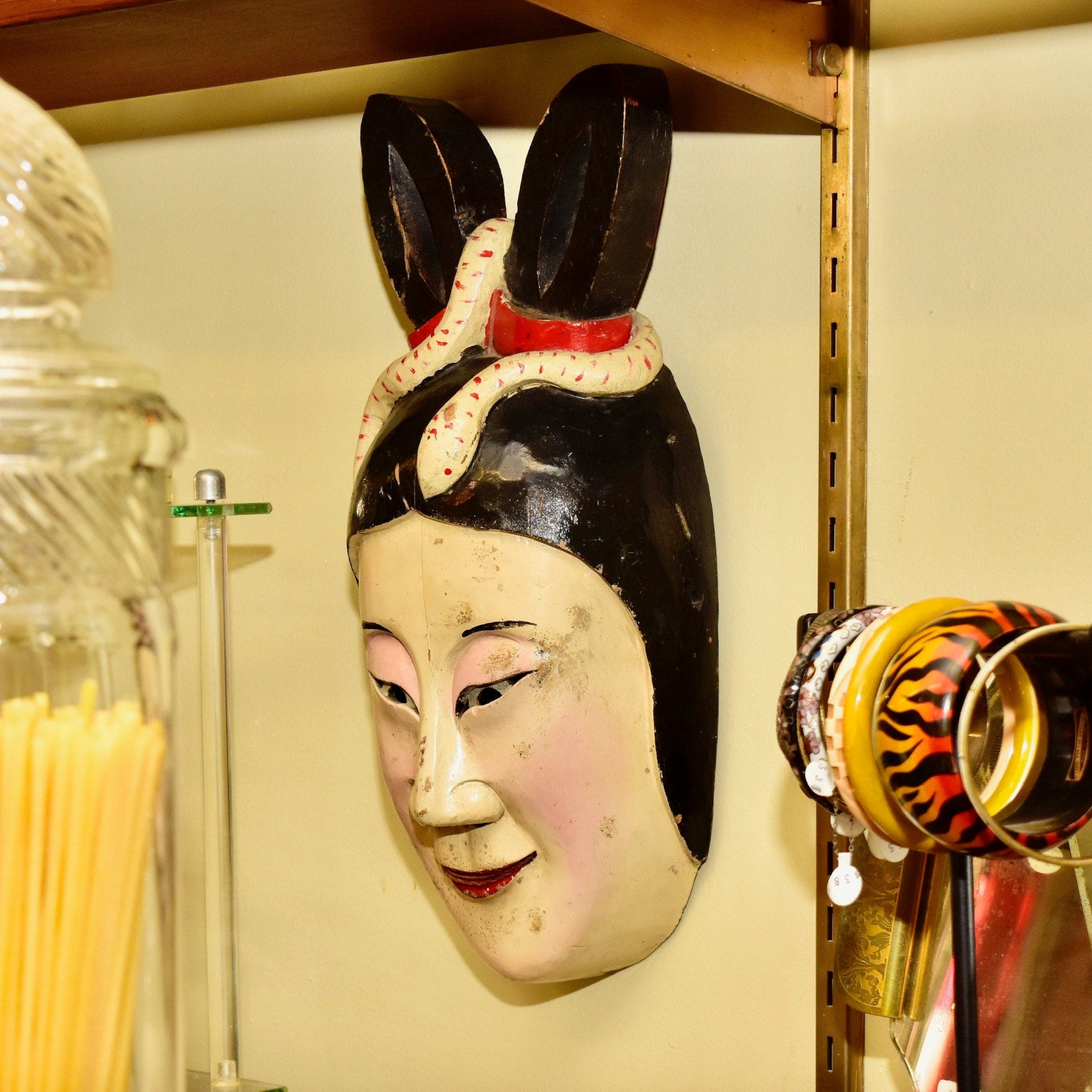 Antique Hand Carved & Painted Wood Japanese Snake Bunny Woman Noh Kabuki Mask, Natural Pigments, Eclectic Home Decor, 15 1/4"