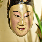 Antique Hand Carved & Painted Wood Japanese Snake Bunny Woman Noh Kabuki Mask, Natural Pigments, Eclectic Home Decor, 15 1/4"