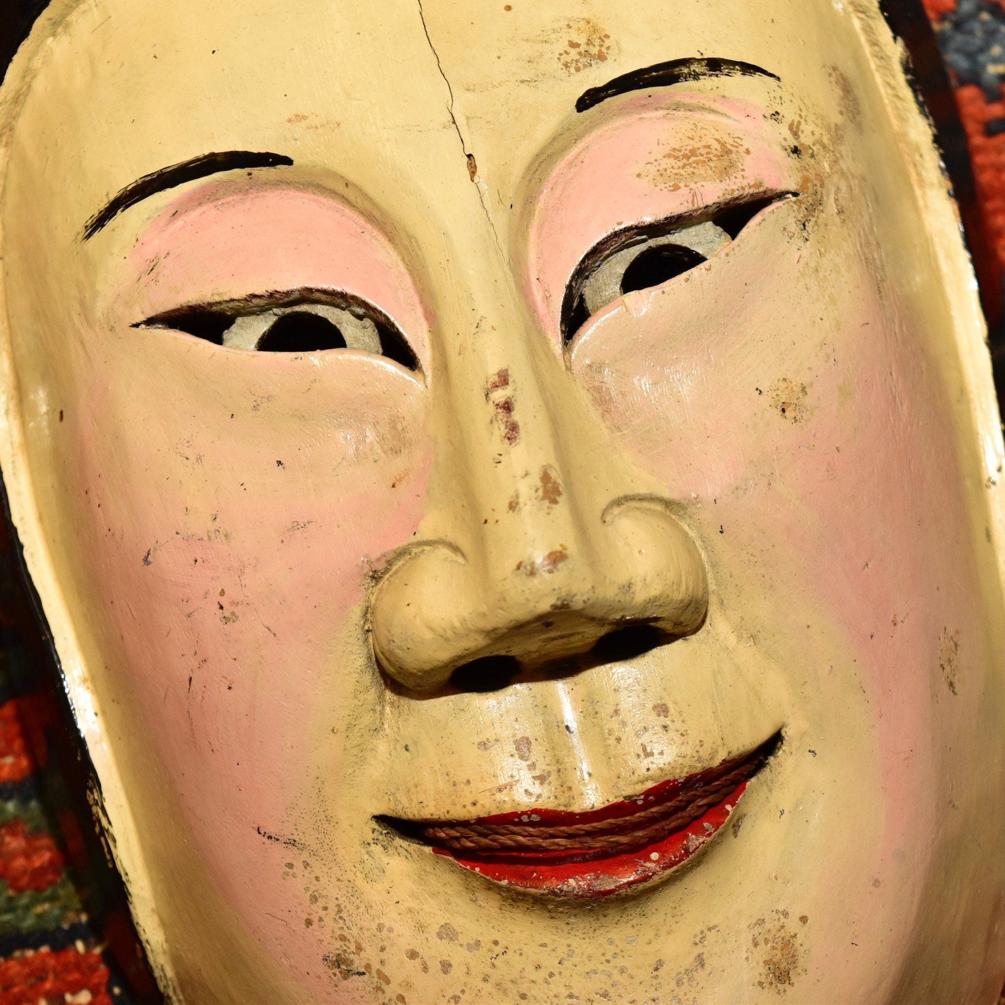 Antique Hand Carved & Painted Wood Japanese Snake Bunny Woman Noh Kabuki Mask, Natural Pigments, Eclectic Home Decor, 15 1/4"