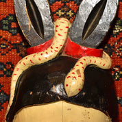 Antique Hand Carved & Painted Wood Japanese Snake Bunny Woman Noh Kabuki Mask, Natural Pigments, Eclectic Home Decor, 15 1/4"