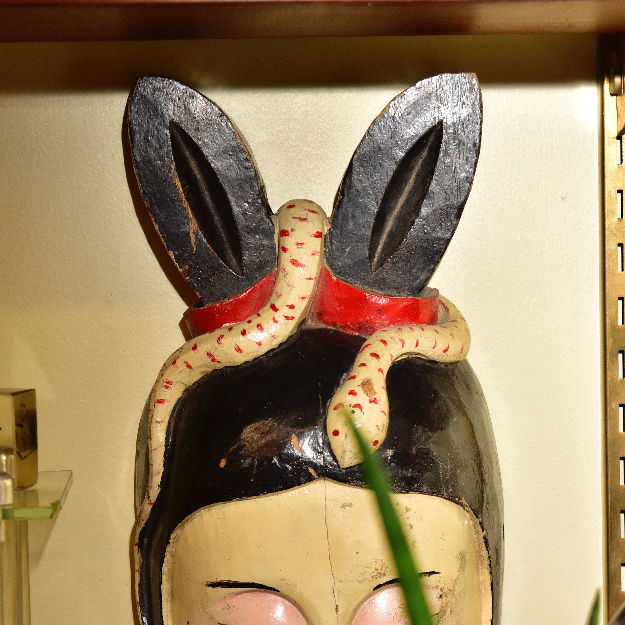 Antique Hand Carved & Painted Wood Japanese Snake Bunny Woman Noh Kabuki Mask, Natural Pigments, Eclectic Home Decor, 15 1/4"
