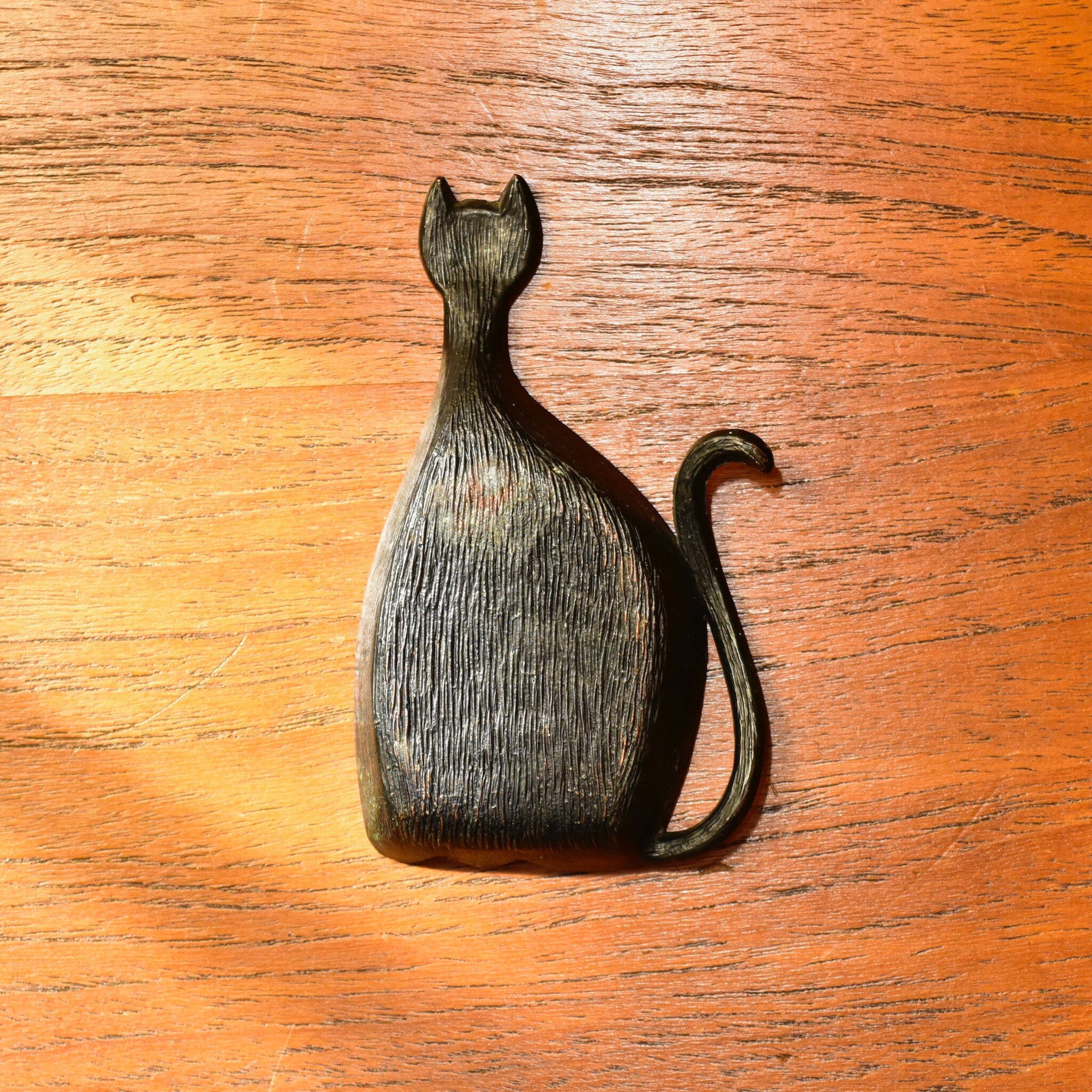Vintage Art Deco Cat Catchall, Stylized Cat Ashtray, Textured Black & Bronze Metal, 4 1/4" L