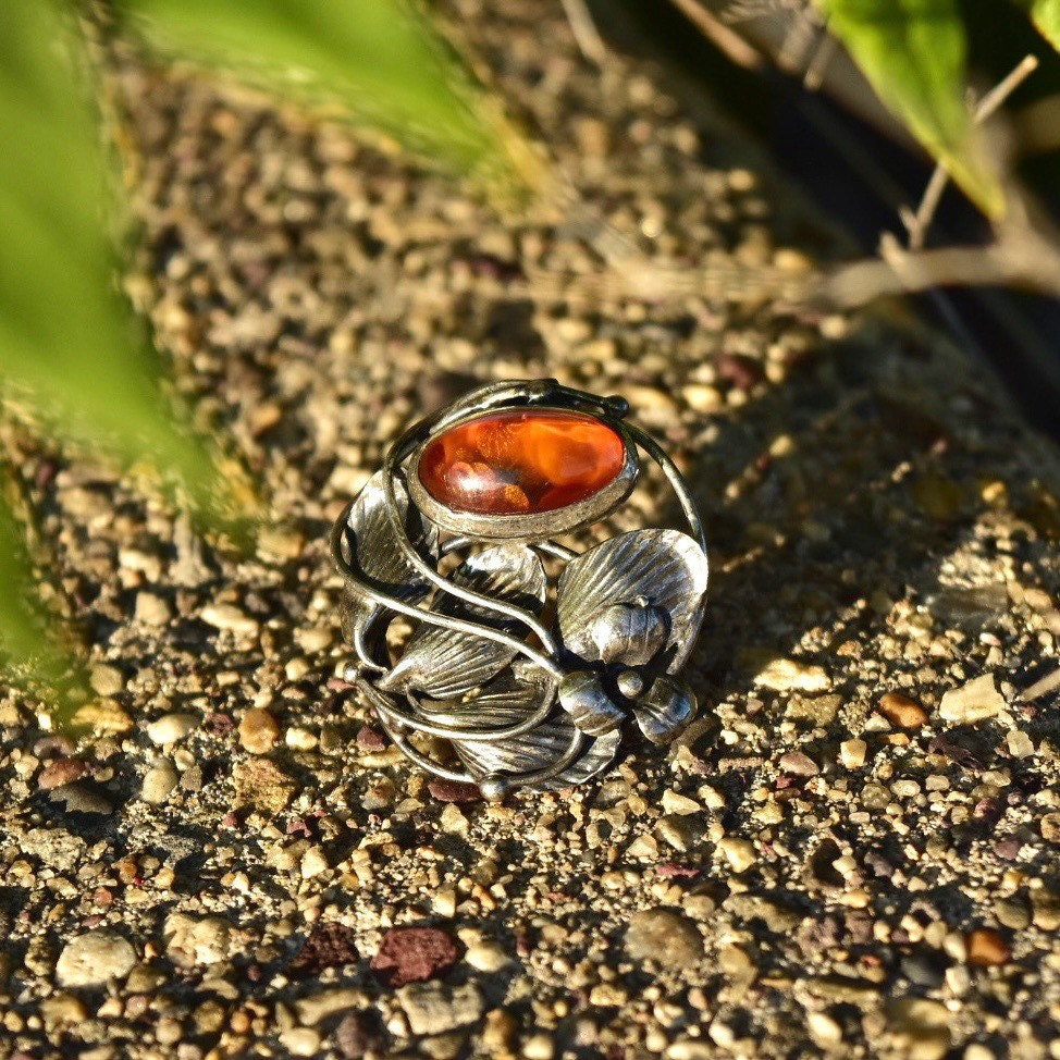 Antique French Art Nouveau Sterling Silver Amber Brooch Pin, Floral Motifs, Polished Amber Cabochon,