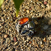 Antique French Art Nouveau Sterling Silver Amber Brooch Pin, Floral Motifs, Polished Amber Cabochon,