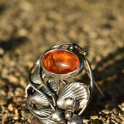 Antique French Art Nouveau Sterling Silver Amber Brooch Pin, Floral Motifs, Polished Amber Cabochon,
