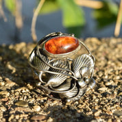 Antique French Art Nouveau Sterling Silver Amber Brooch Pin, Floral Motifs, Polished Amber Cabochon,
